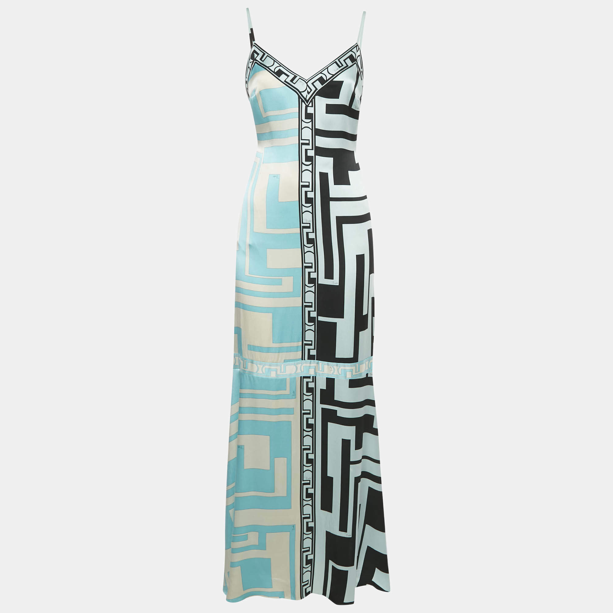 Pre Owned Emilio Pucci Blue Printed Silk Sleeveless Maxi Dress S
