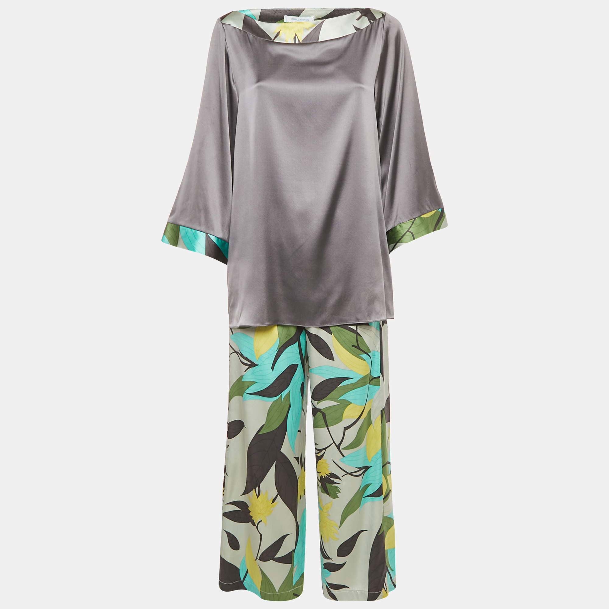 Pre Owned Emilio Pucci Grey/Multicolor Printed Satin Silk Top and Pants Set M/S