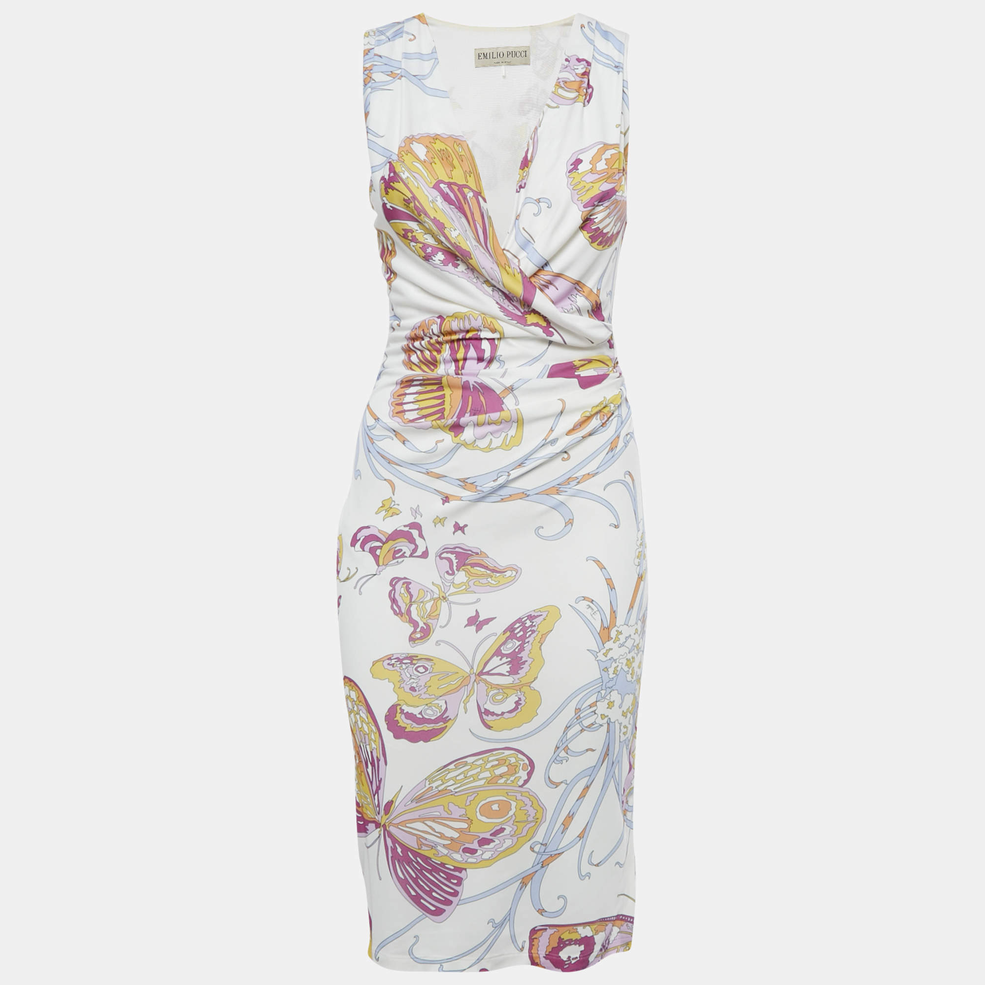 Pre Owned Emilio Pucci White Printed Jersey Draped Sleeveless Midi Dress S