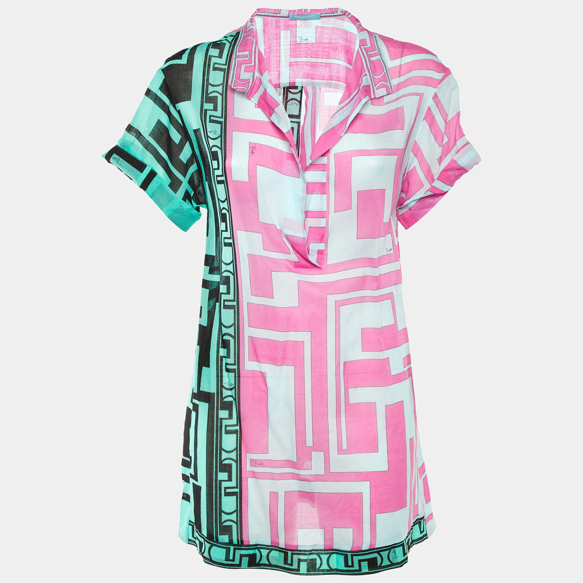 Pre Owned Emilio Pucci Pink/Green Geometric Print Cotton Sheer Top S