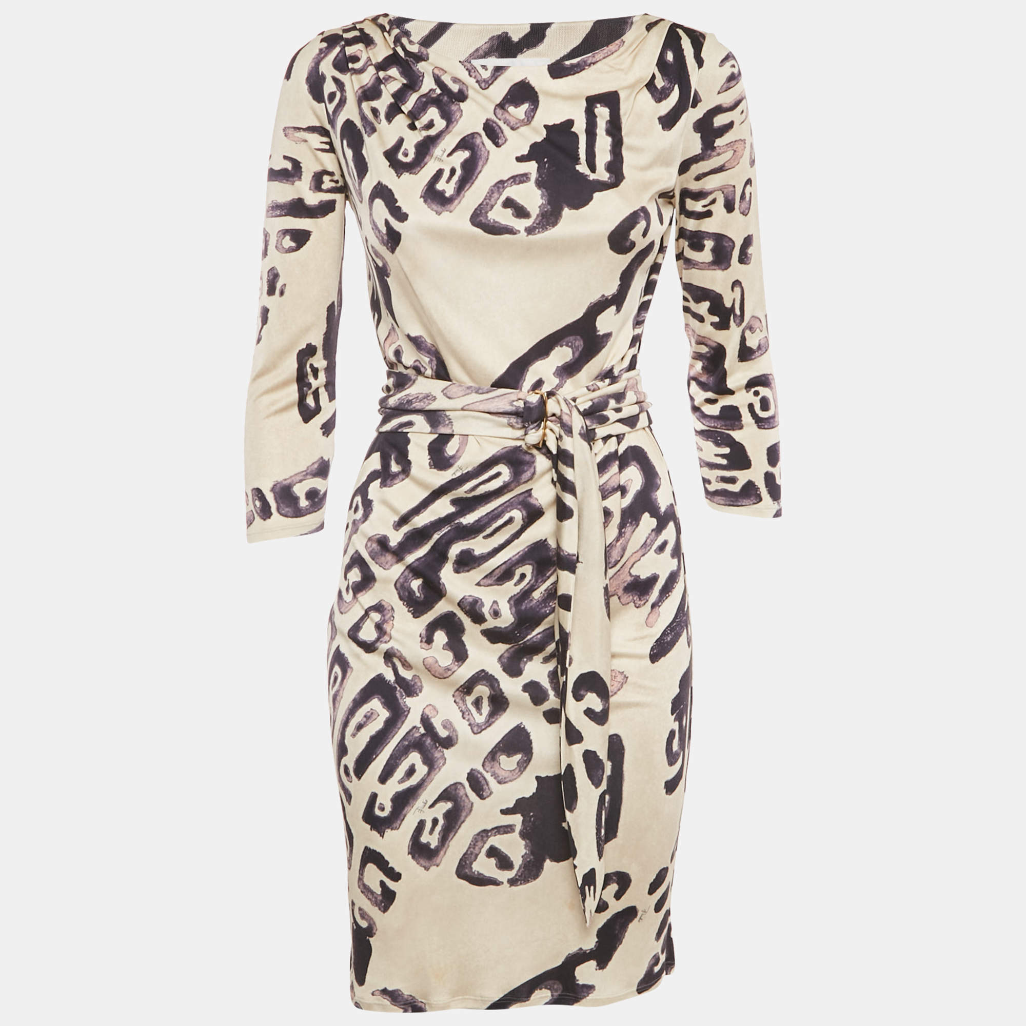 Pre Owned Emilio Pucci Beige Printed Jersey Mini Dress S