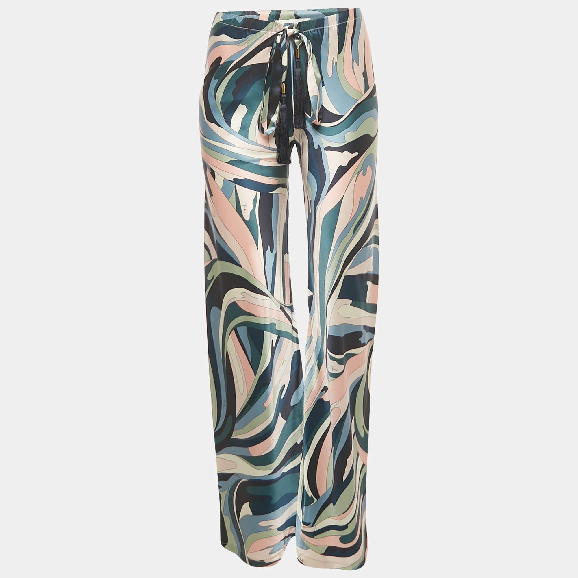 Pre Owned Emilio Pucci Multicolor Abstract Print Silk Wide Leg Drawstring Trouser S