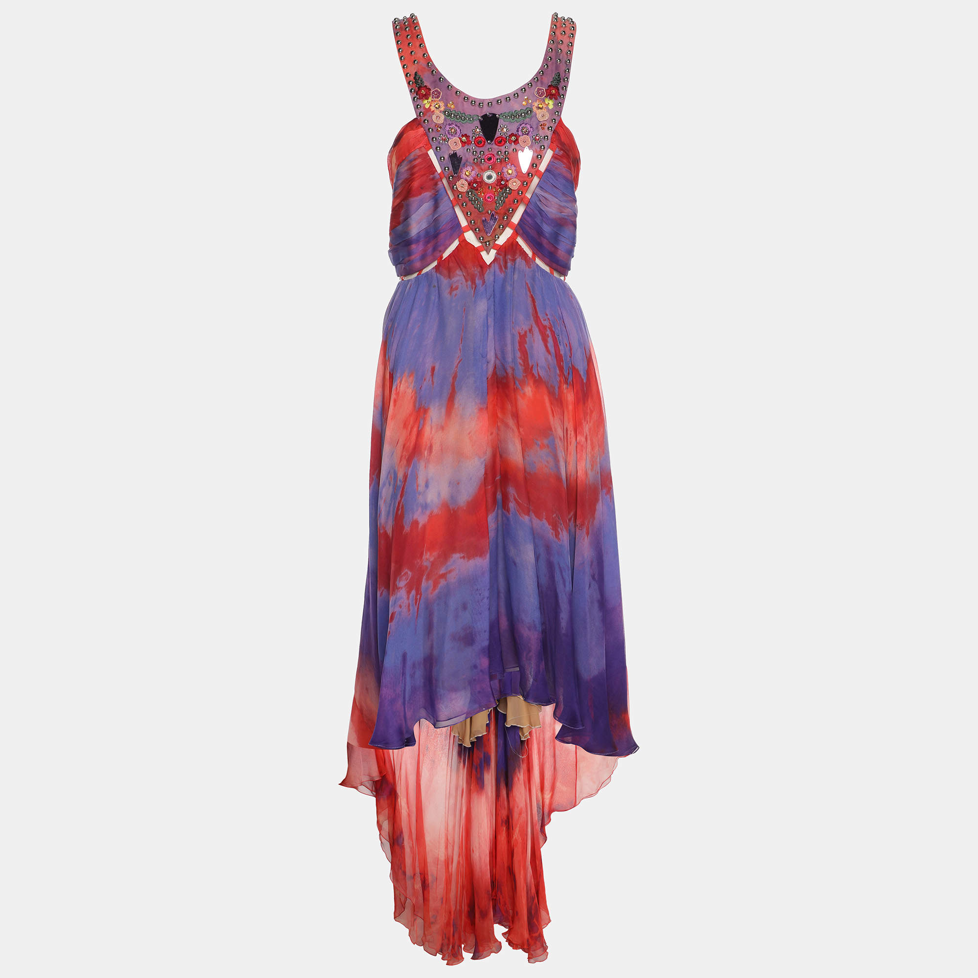 Pre Owned Emilio Pucci Multicolor Tie Dye Chiffon Beads Embellished Long Dress M