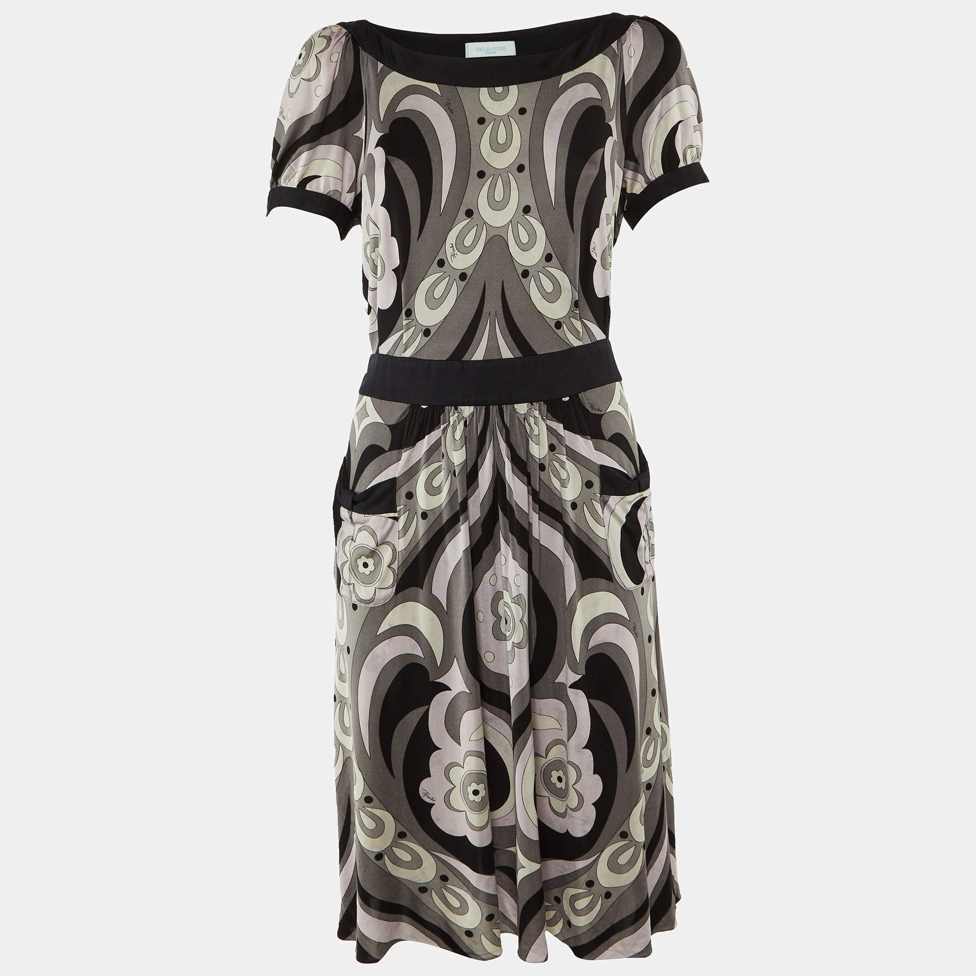 Pre Owned Emilio Pucci Grey/Multicolor Printed Silk Knit Knee-Length Dress L