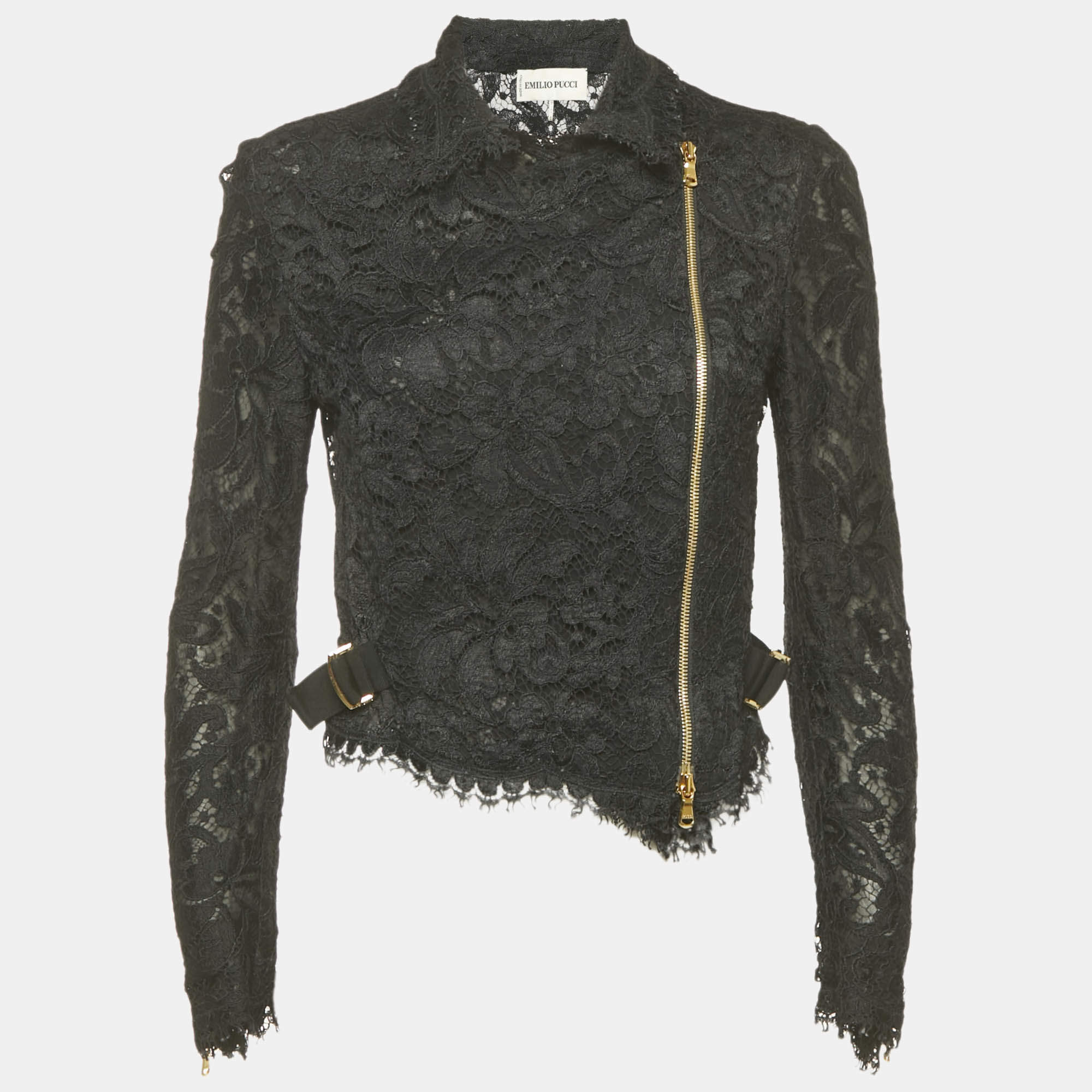 Pre Owned Emilio Pucci Black Lace Zip-Up Jacket M