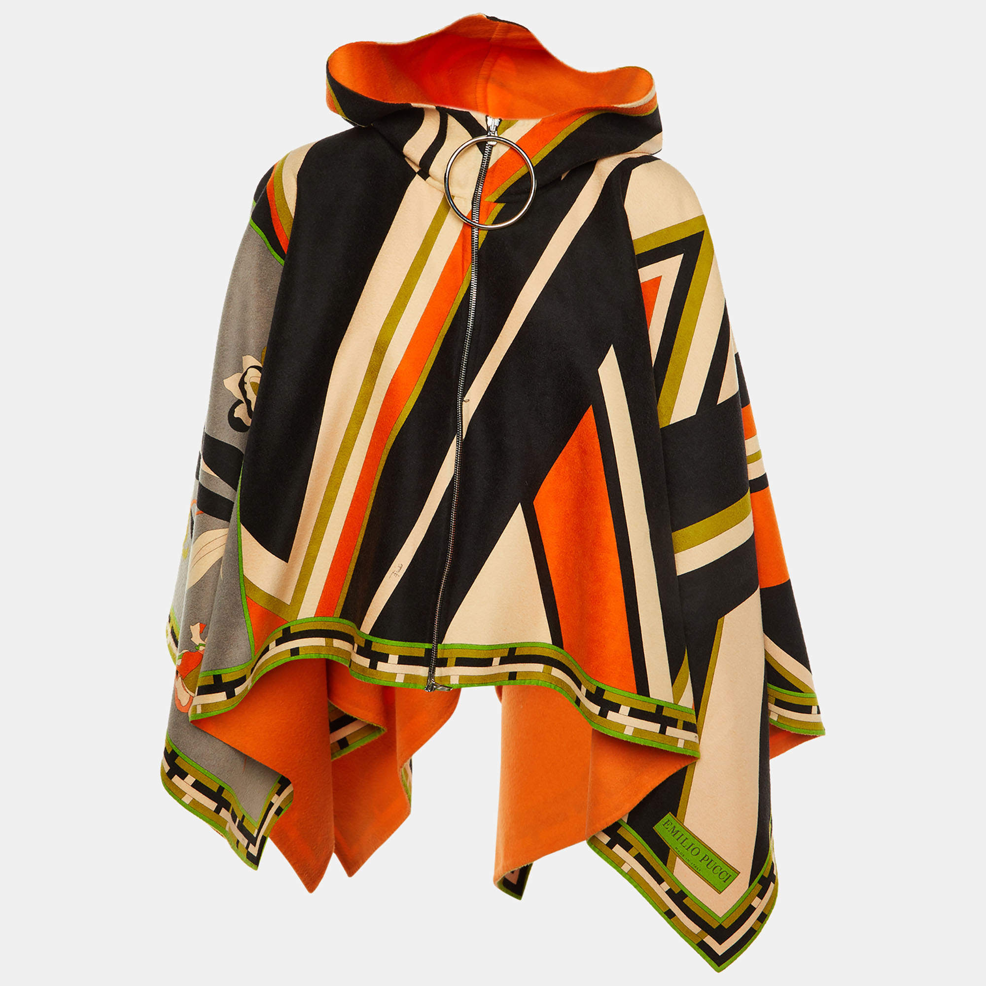 Pre Owned Emilio Pucci Multicolor Printed Wool Zip Up Poncho S