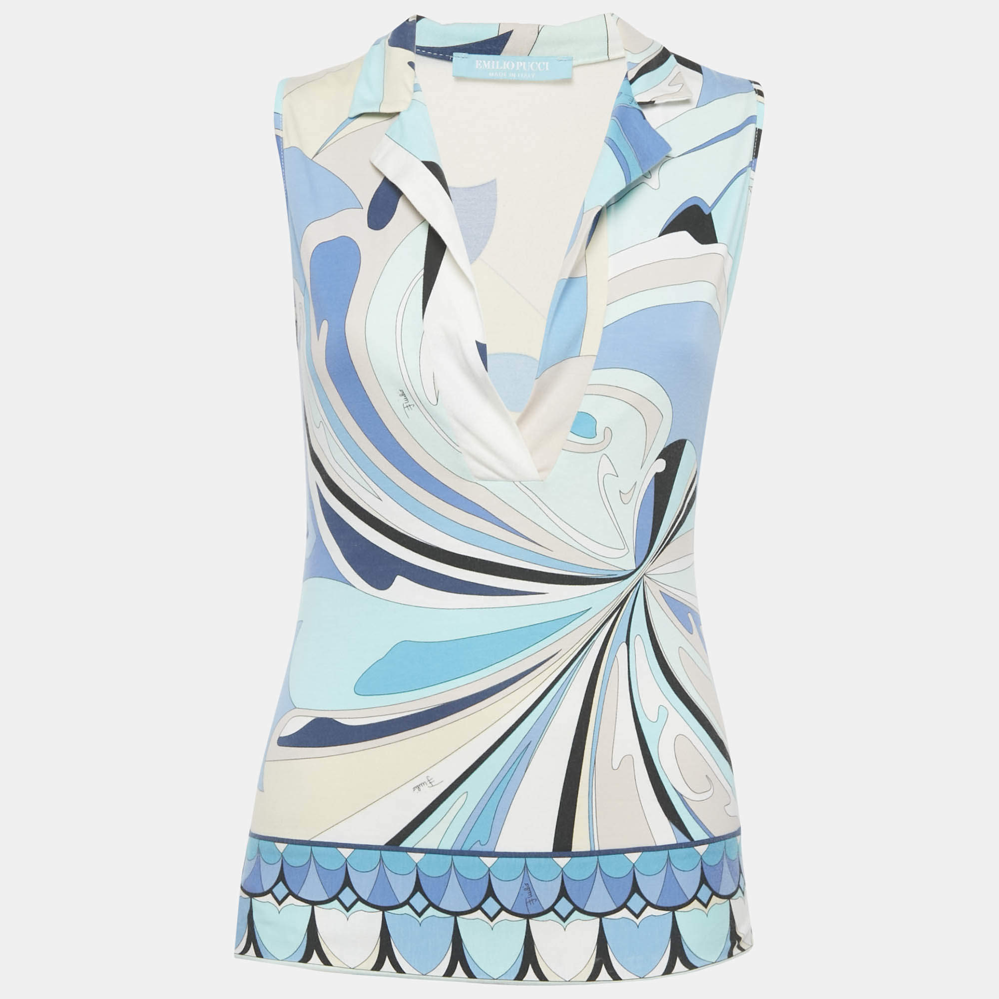 Pre Owned Emilio Pucci Blue Printed Cotton Sleeveless Shirt S