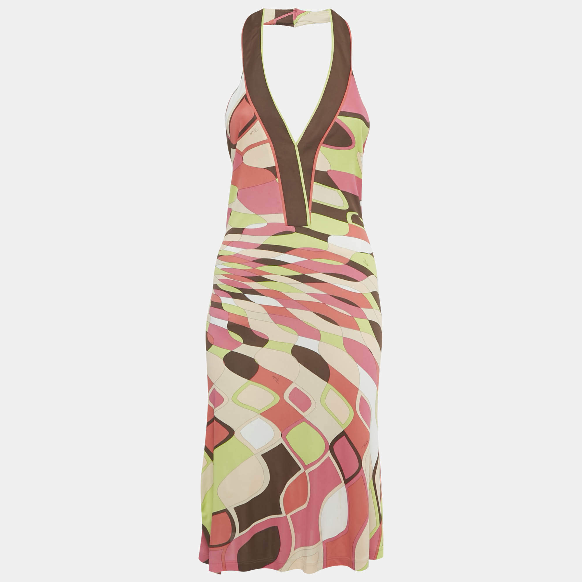 Pre Owned Emilio Pucci Multicolor Printed Jersey Halter Neck Short Dress S