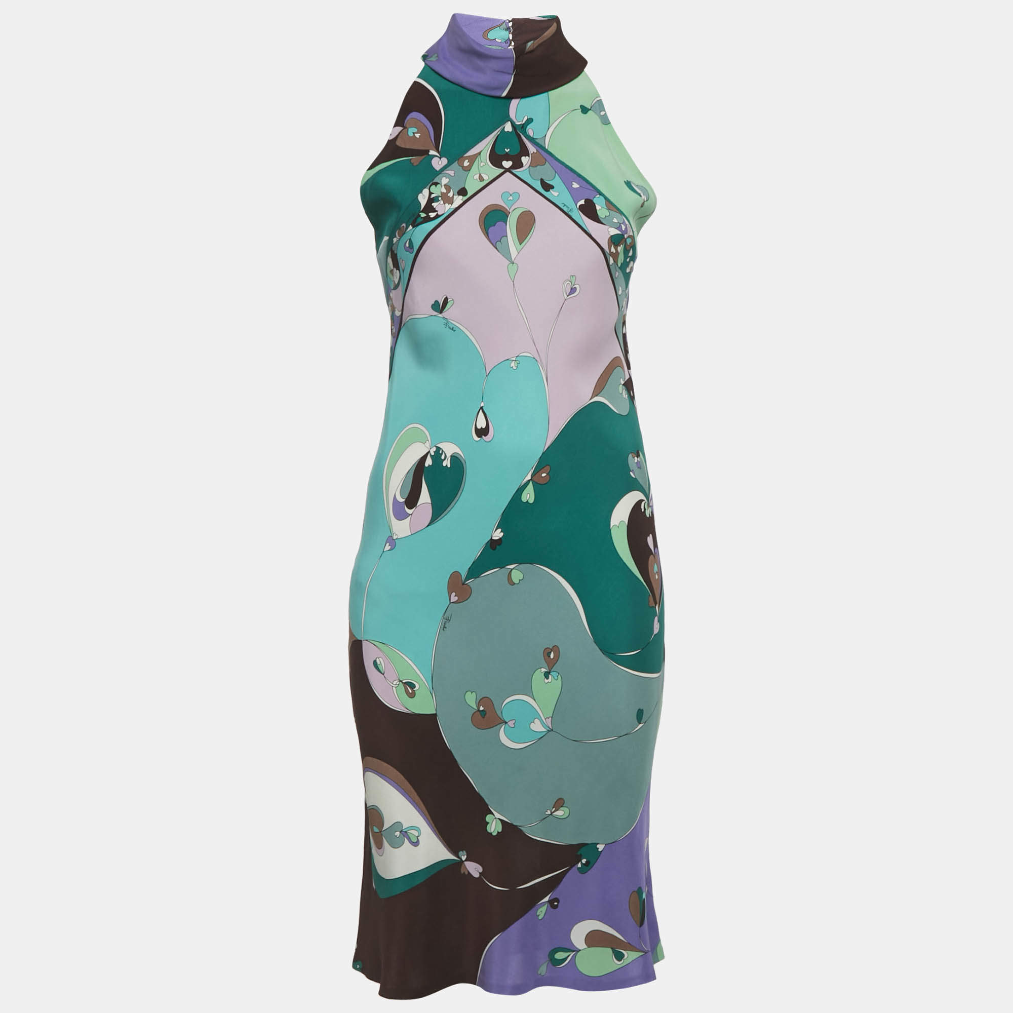 Pre Owned Emilio Pucci Firenze Multicolor Printed Satin Midi Dress S