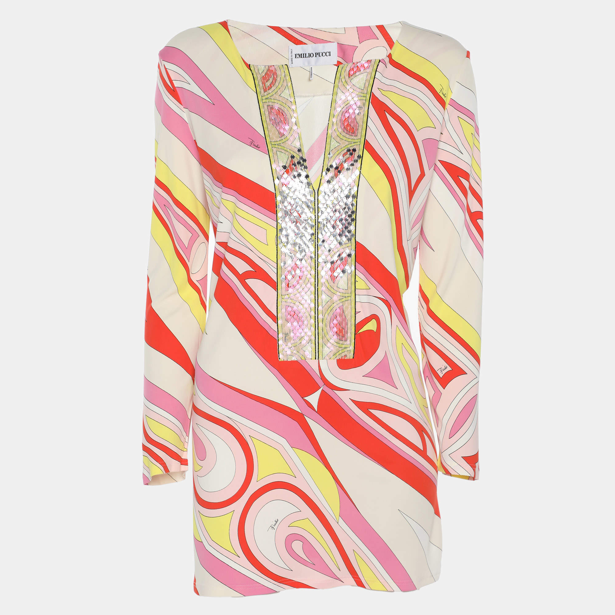 Pre Owned Emilio Pucci Multi Printed Stretch Knit Long Sleeve Top L