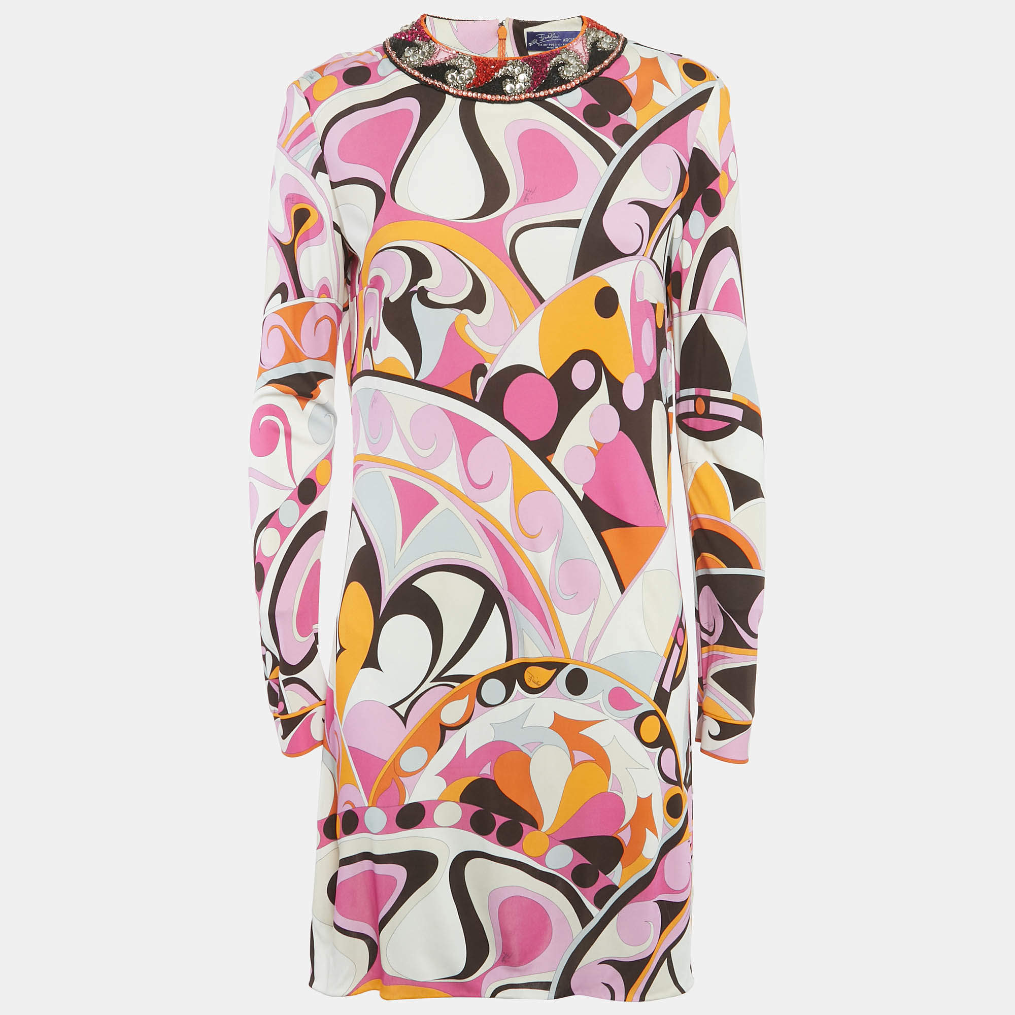 Pre Owned Emilio Pucci Multicolor Printed Jersey Embellished Collar Detail Short Dress L