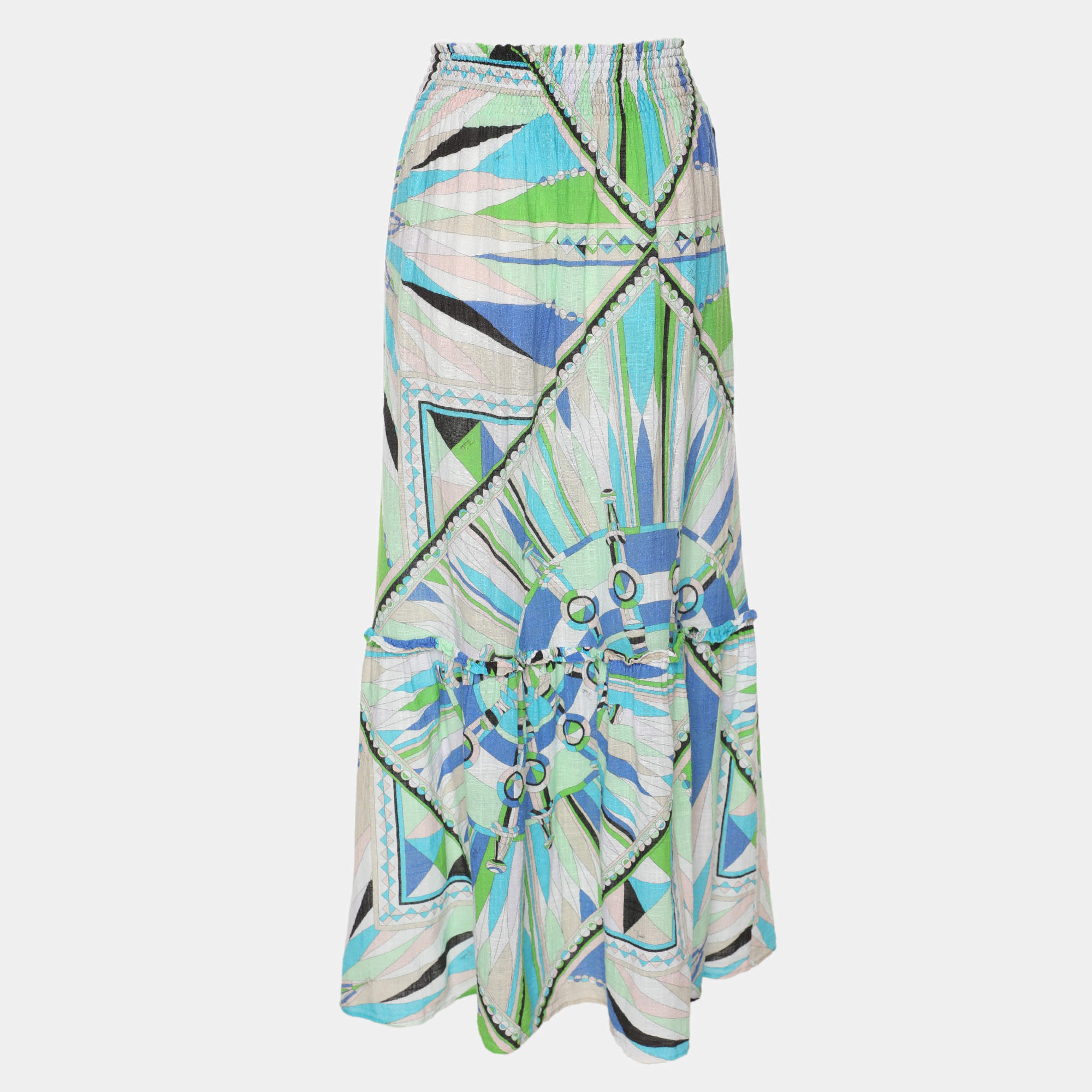 Pre Owned Emilio Pucci Multicolor Printed Cotton Knit Maxi Skirt M
