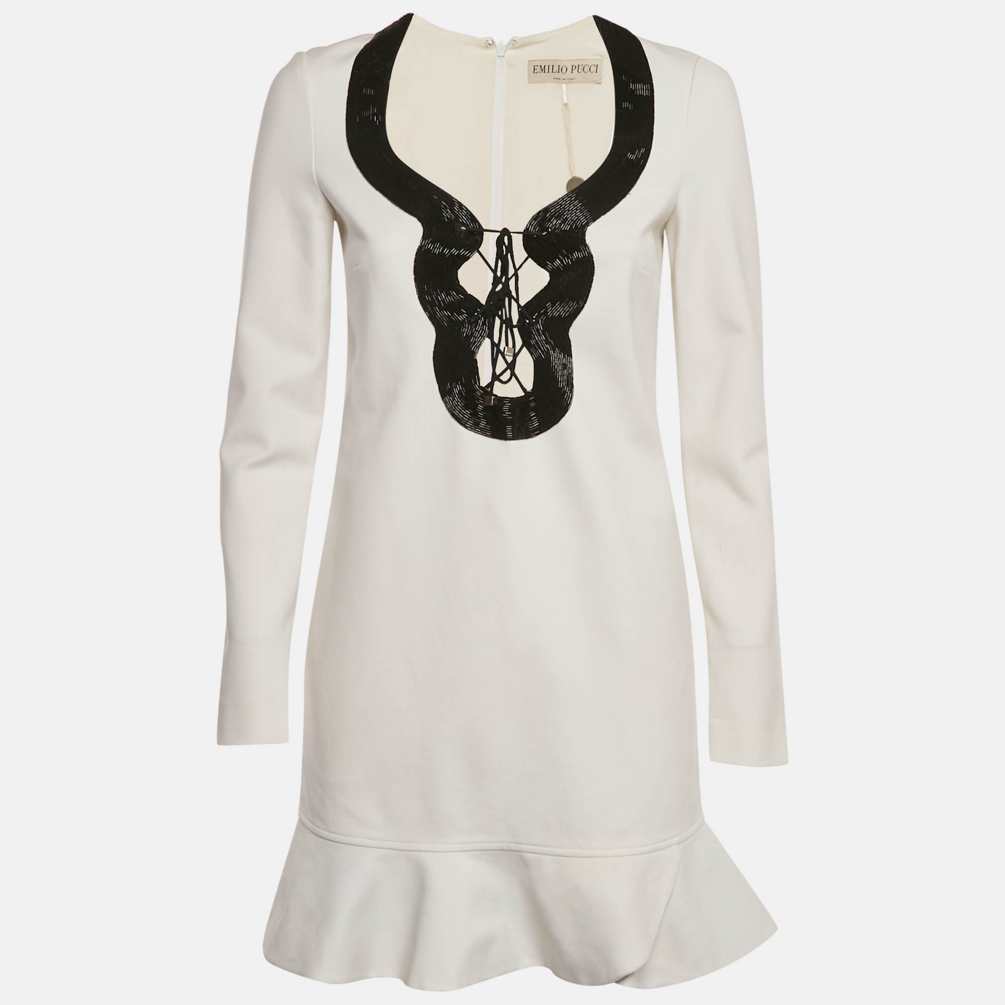 Pre Owned Emilio Pucci White Beaded Jersey Lace-Up Shift Dress S