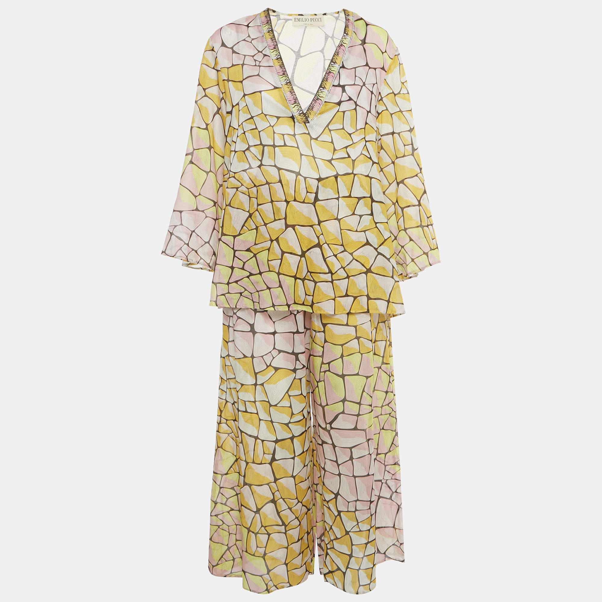 Pre Owned Emilio Pucci Yellow Printed Voile Top and Pants Set M/L