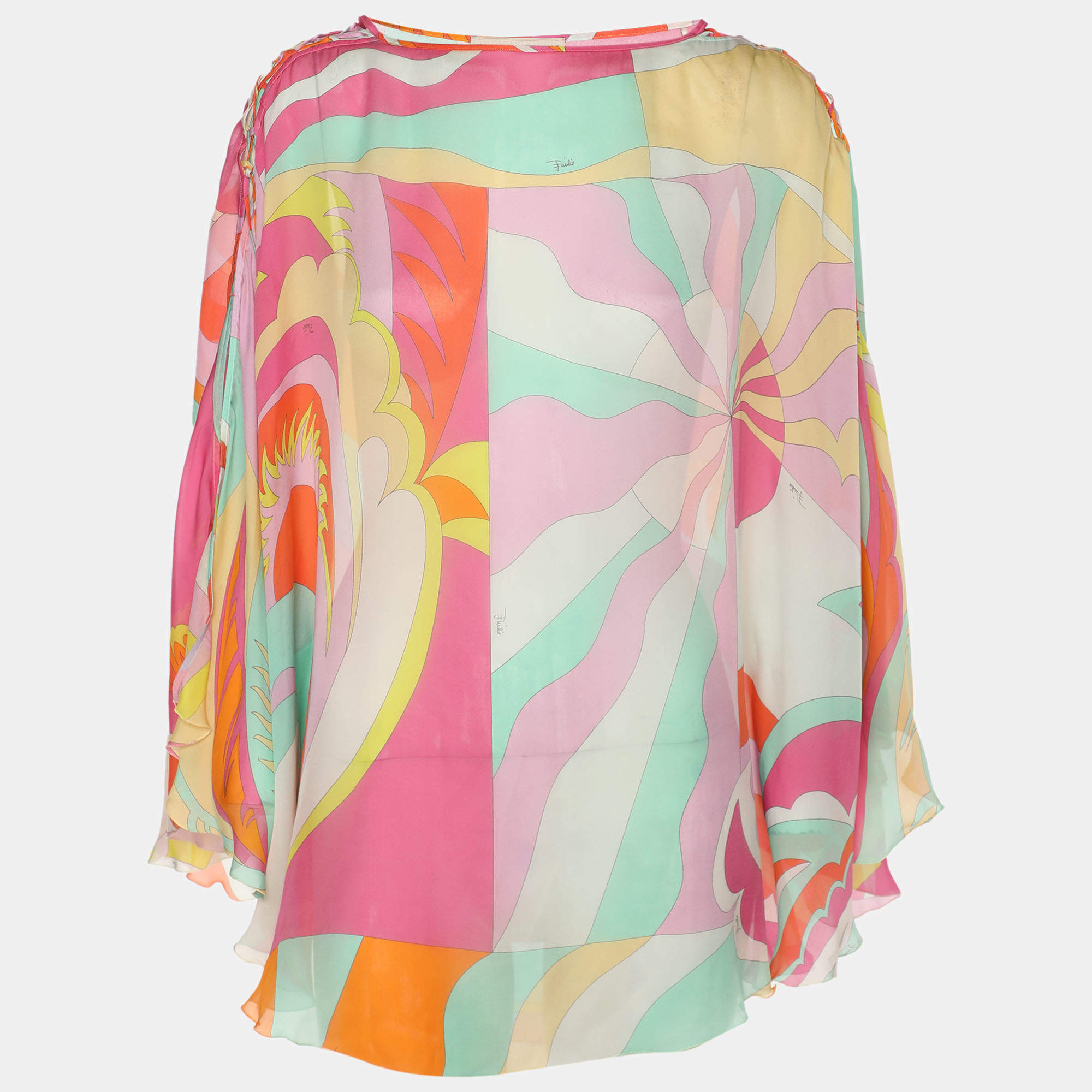 Pre Owned Emilio Pucci Multicolor Printed Satin Draped Blouse S