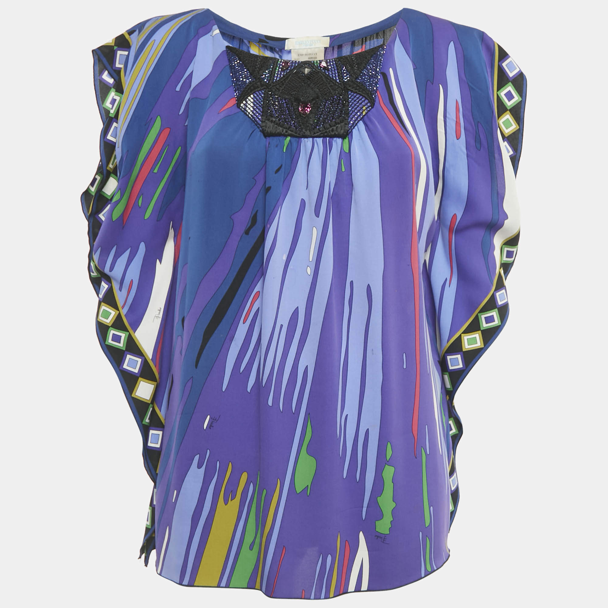 Pre Owned Emilio Pucci Multicolor Embellished Printed Silk Kaftan Tunic Top M 
