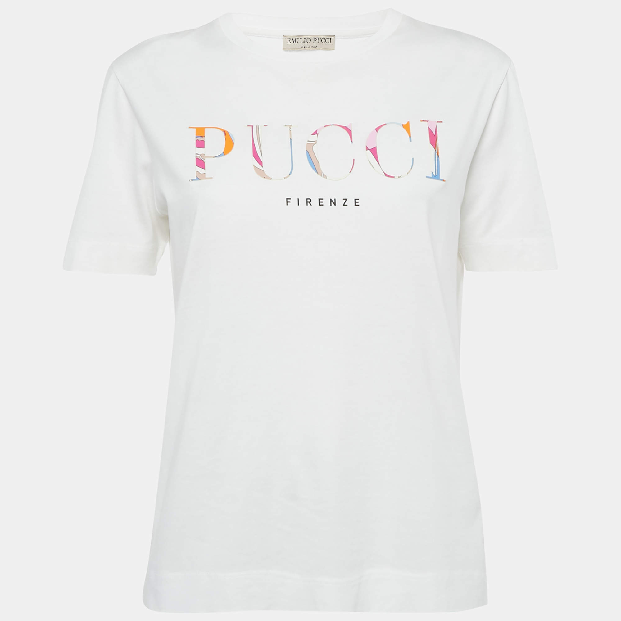 Pre Owned Emilio Pucci White Logo Applique Cotton T-Shirt L