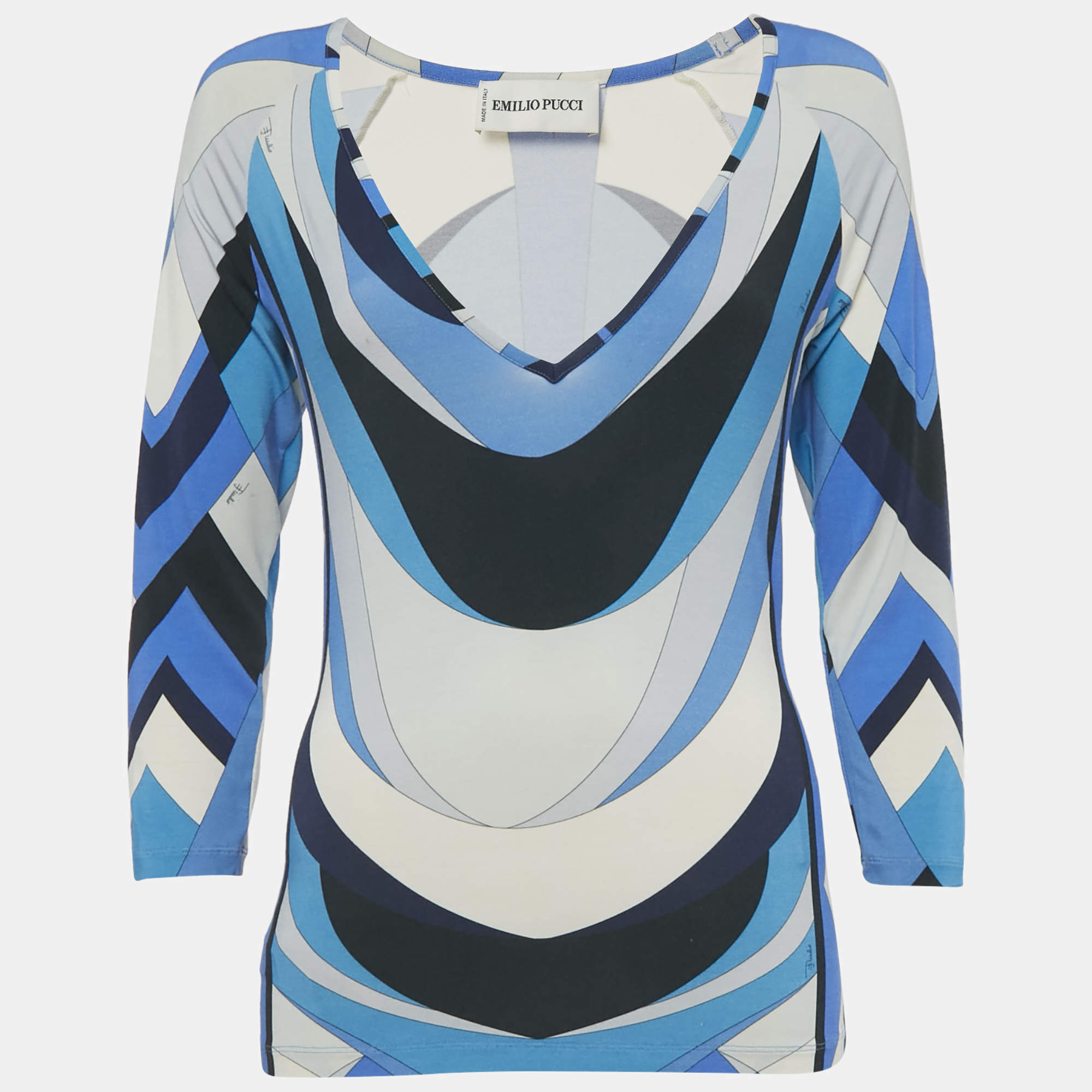 Pre Owned Emilio Pucci Blue Printed Jersey V-Neck Top M