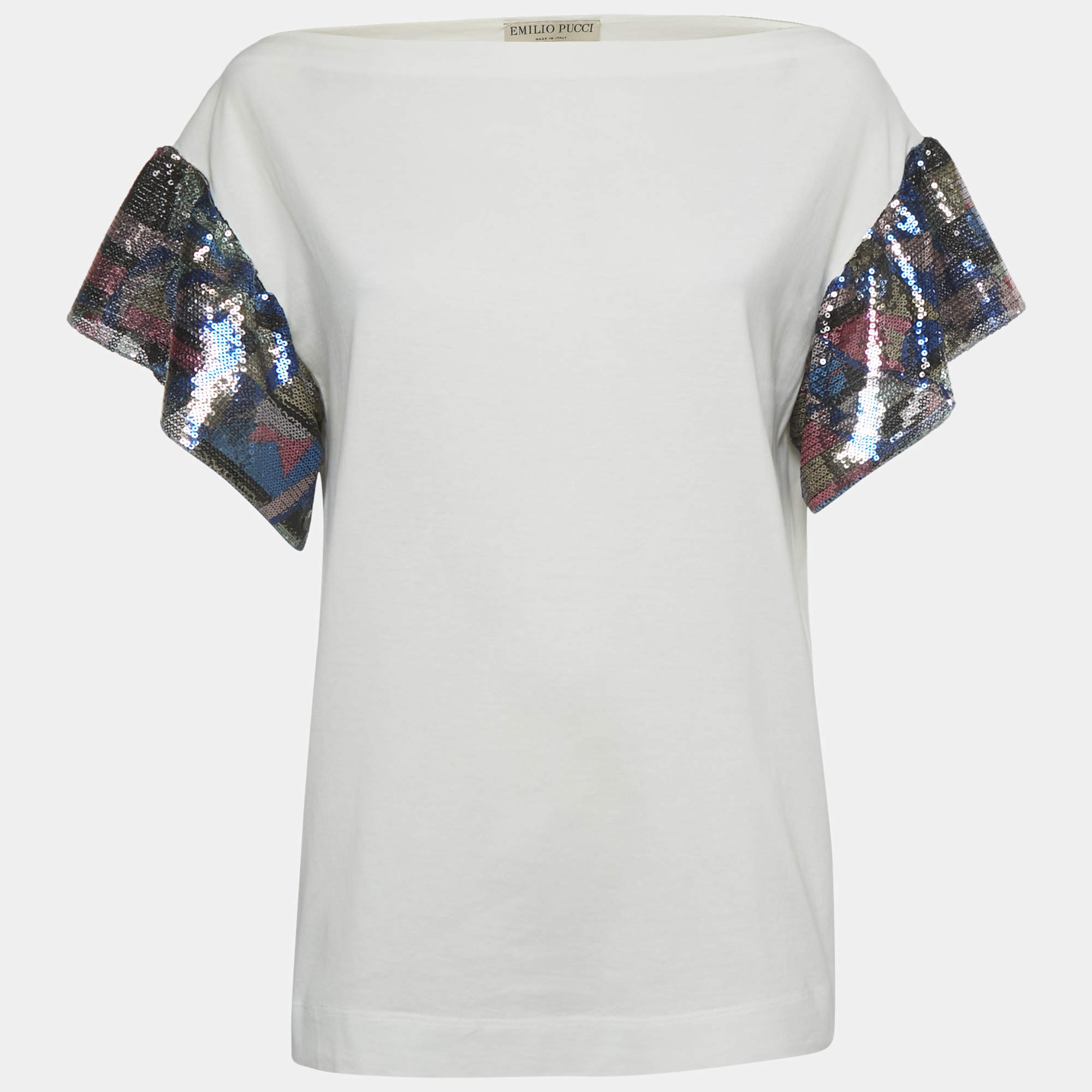 مملوكة مسبقًا Emilio Pucci White Sequin Detail Cotton T-Shirt S