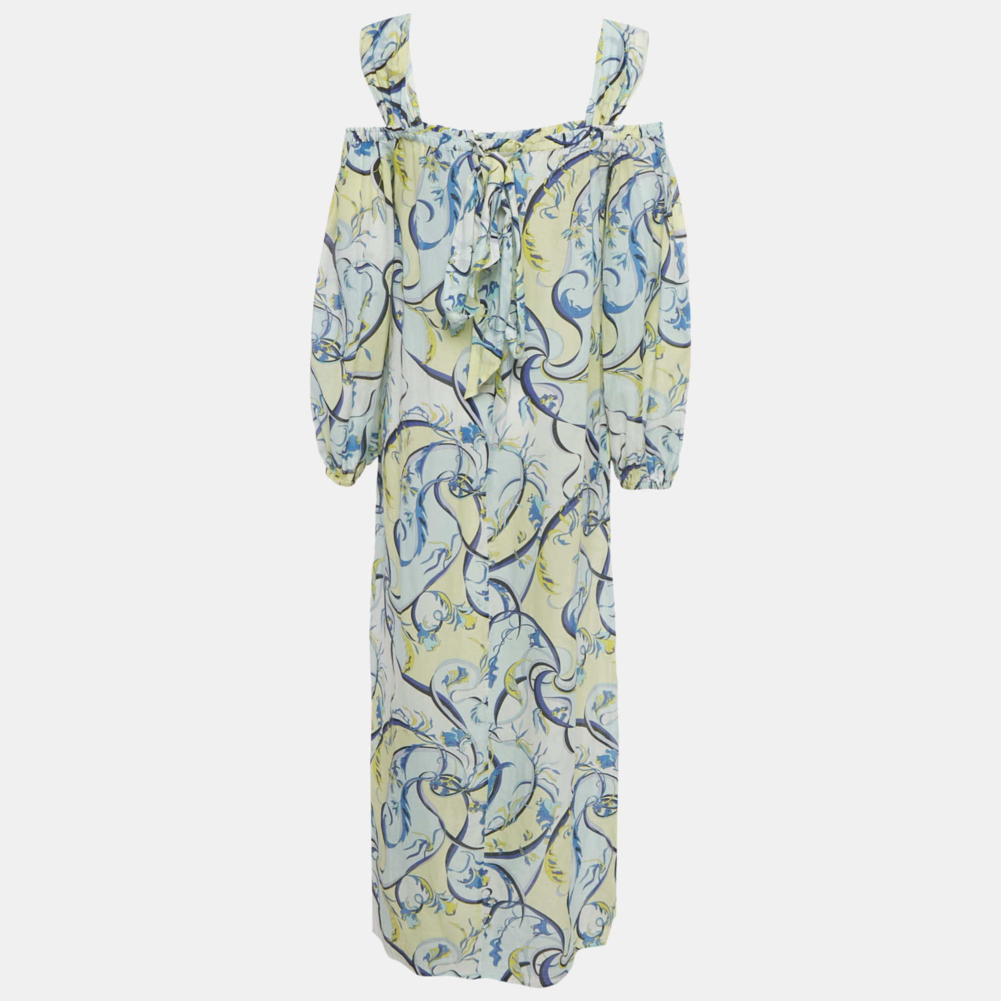 مملوكة مسبقًا فستان إيميليو بوتشي قطن حرير أزرق وأصفر مطبوع بكتف بارد طويل شفاف مقاس متوسط