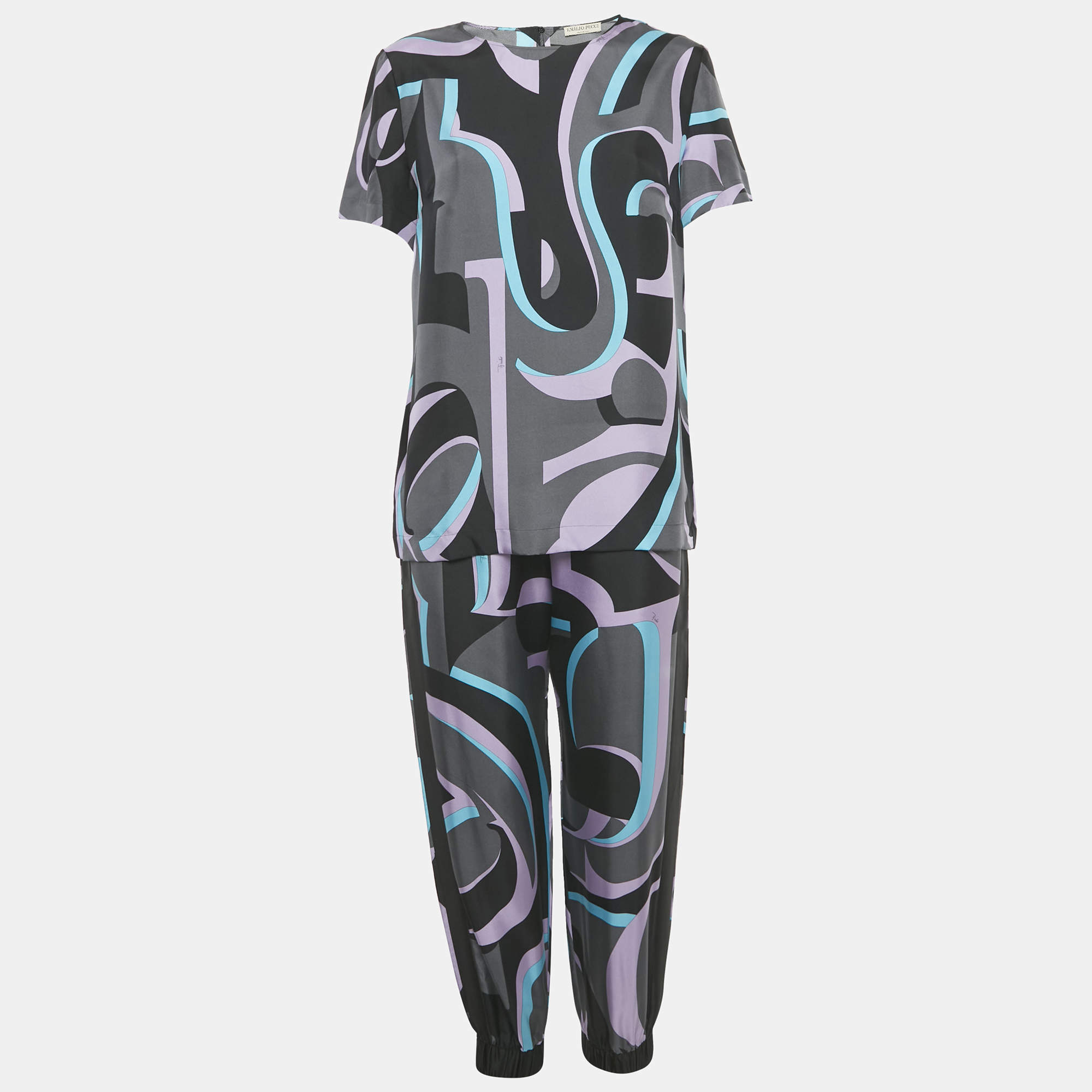 Pre Owned Emilio Pucci Multicolor Patterned Silk Top & Joggers M