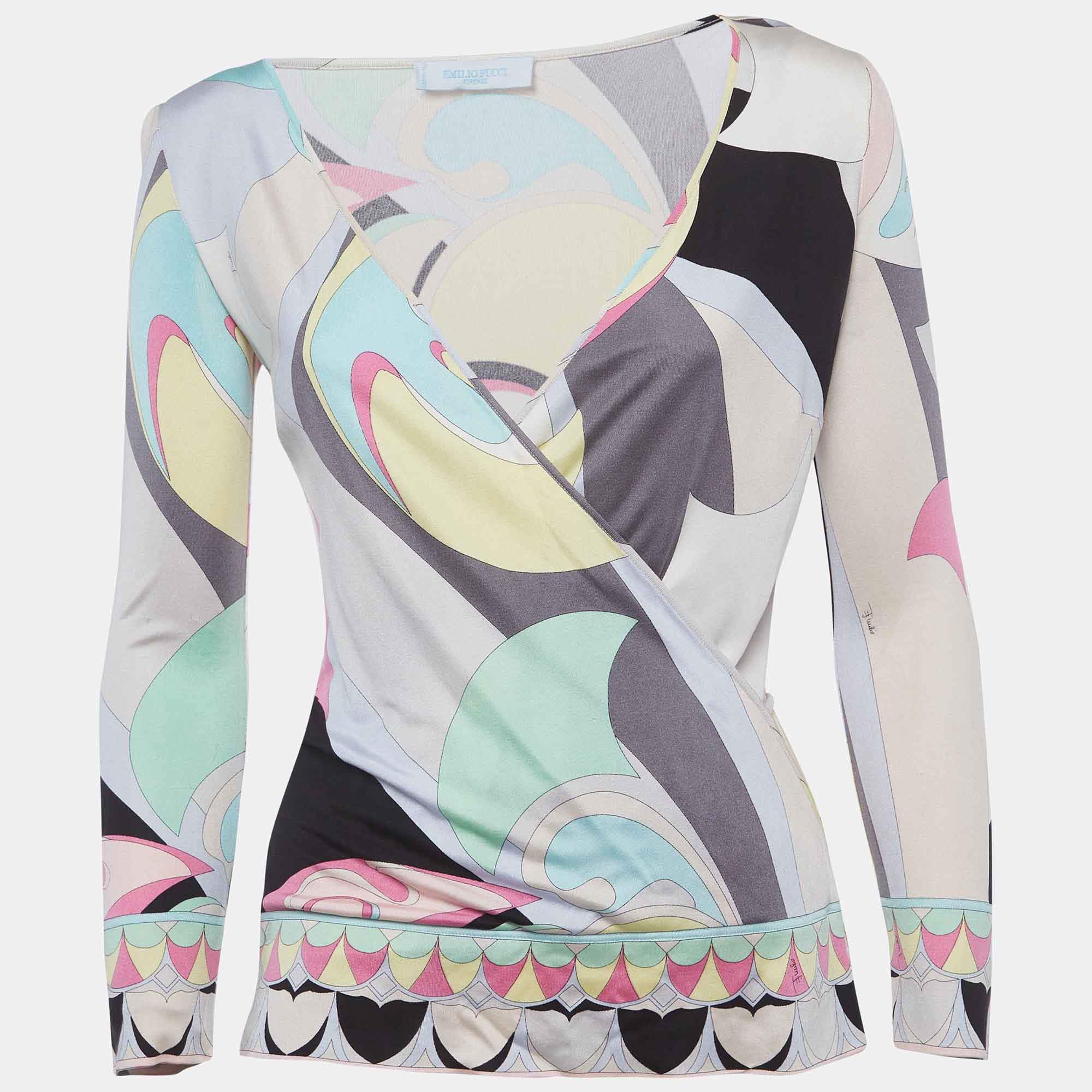 مملوكة مسبقًا Emilio Pucci Multicolour Abstract Pattern Stretch Long-Sleeved Top M