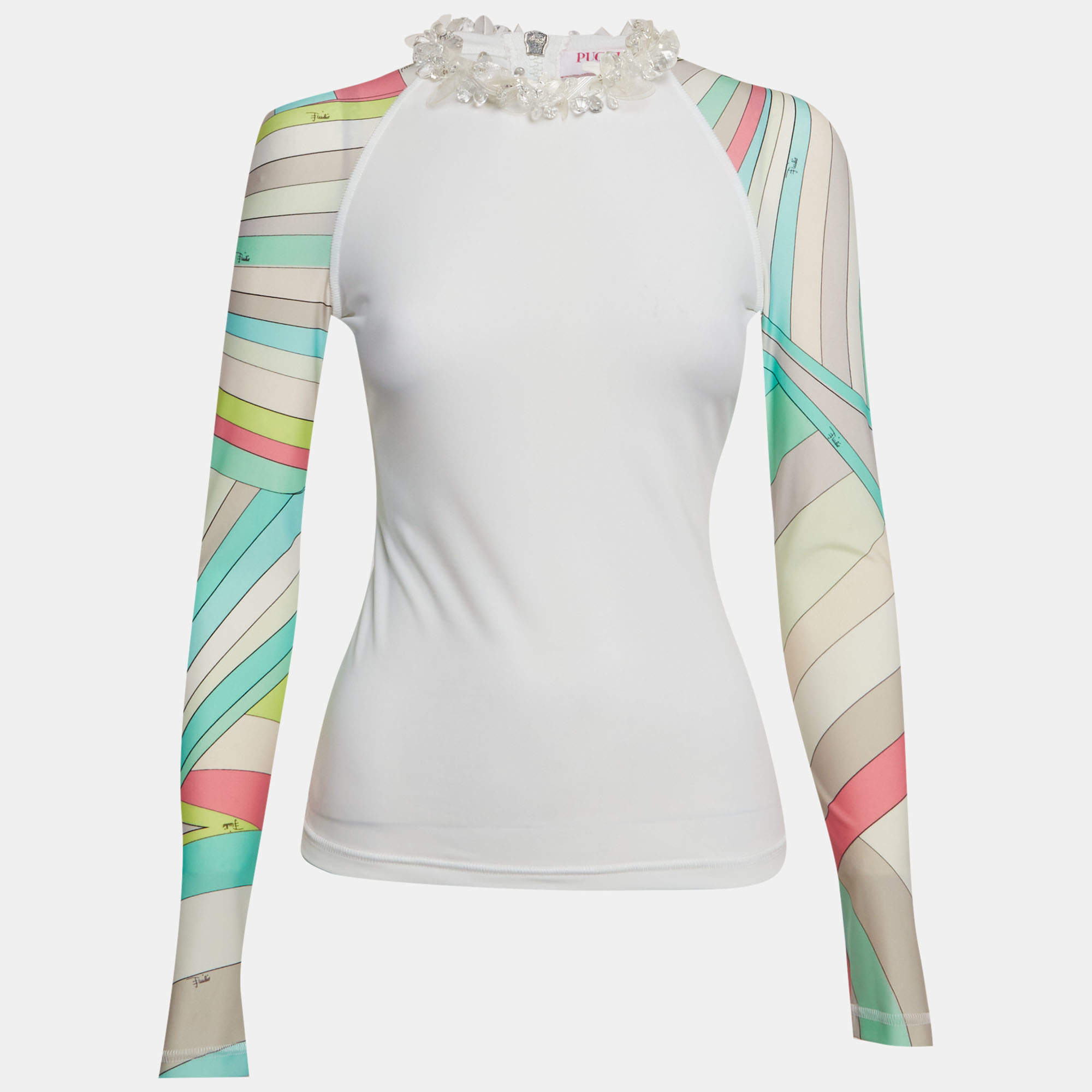 Pre Owned بلوزة بياقة مزينة جيرسي مطبوع إميليو بوتشي مقاس صغير - سمول