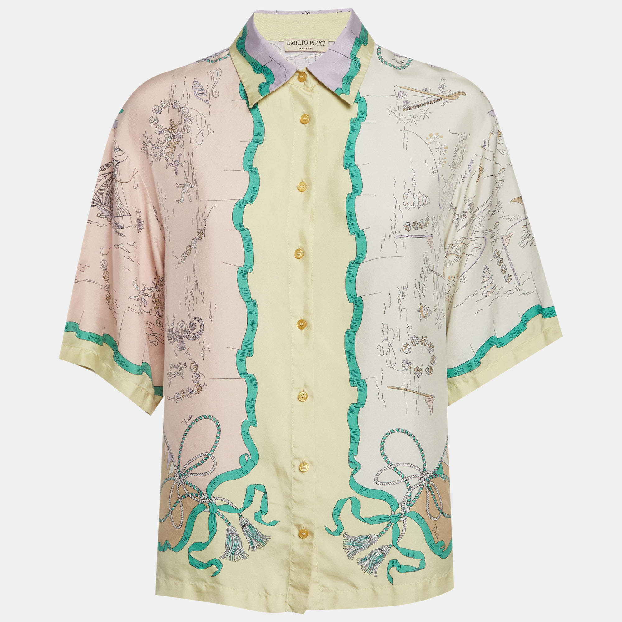 مملوكة مسبقًا قميص حرير مطبوع متعدد الألوان بأكمام قصيرة إميليو بوتشي مقاس متوسط