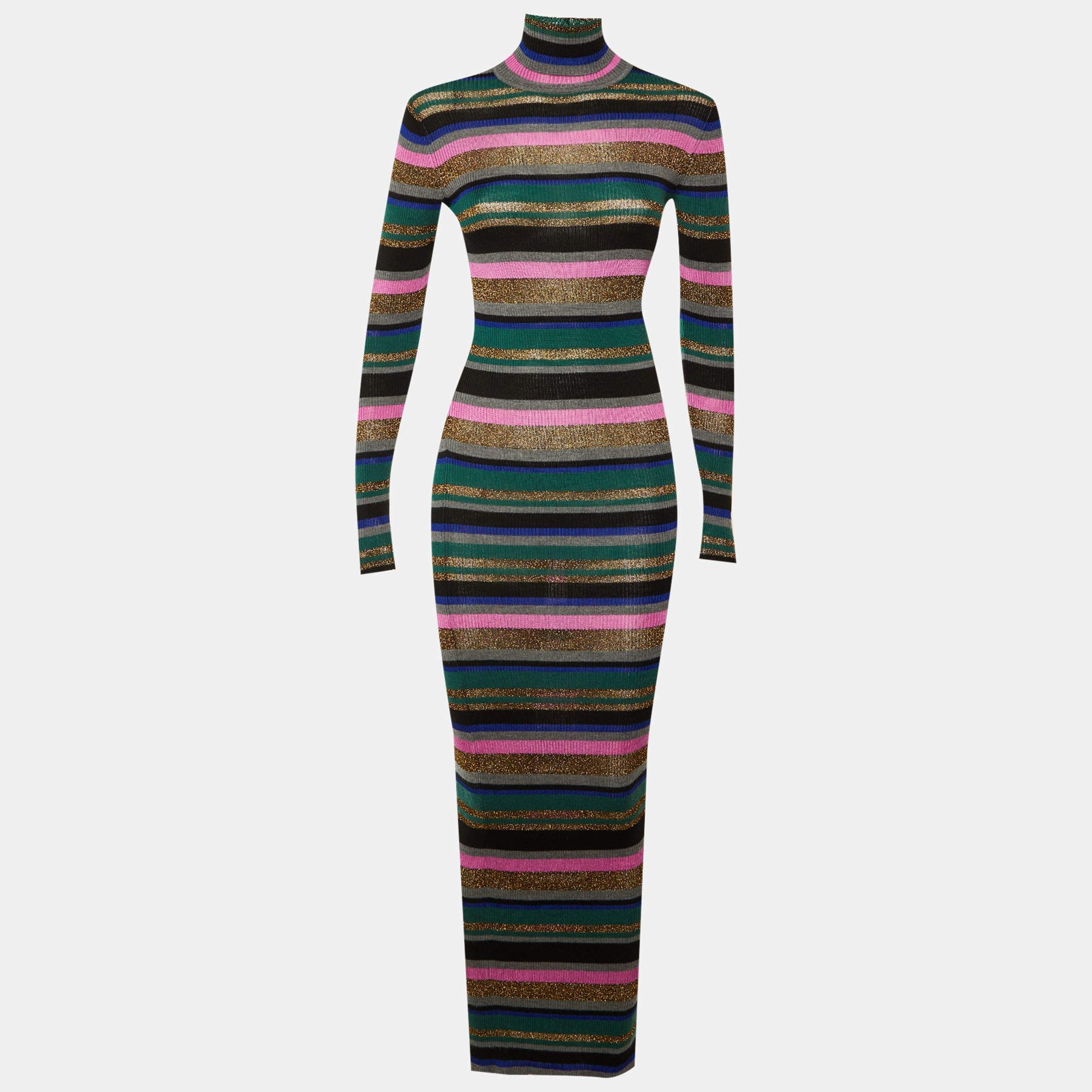 Pre Owned Emilio Pucci Multicolor Striped Lurex Knit Turtleneck Dress M