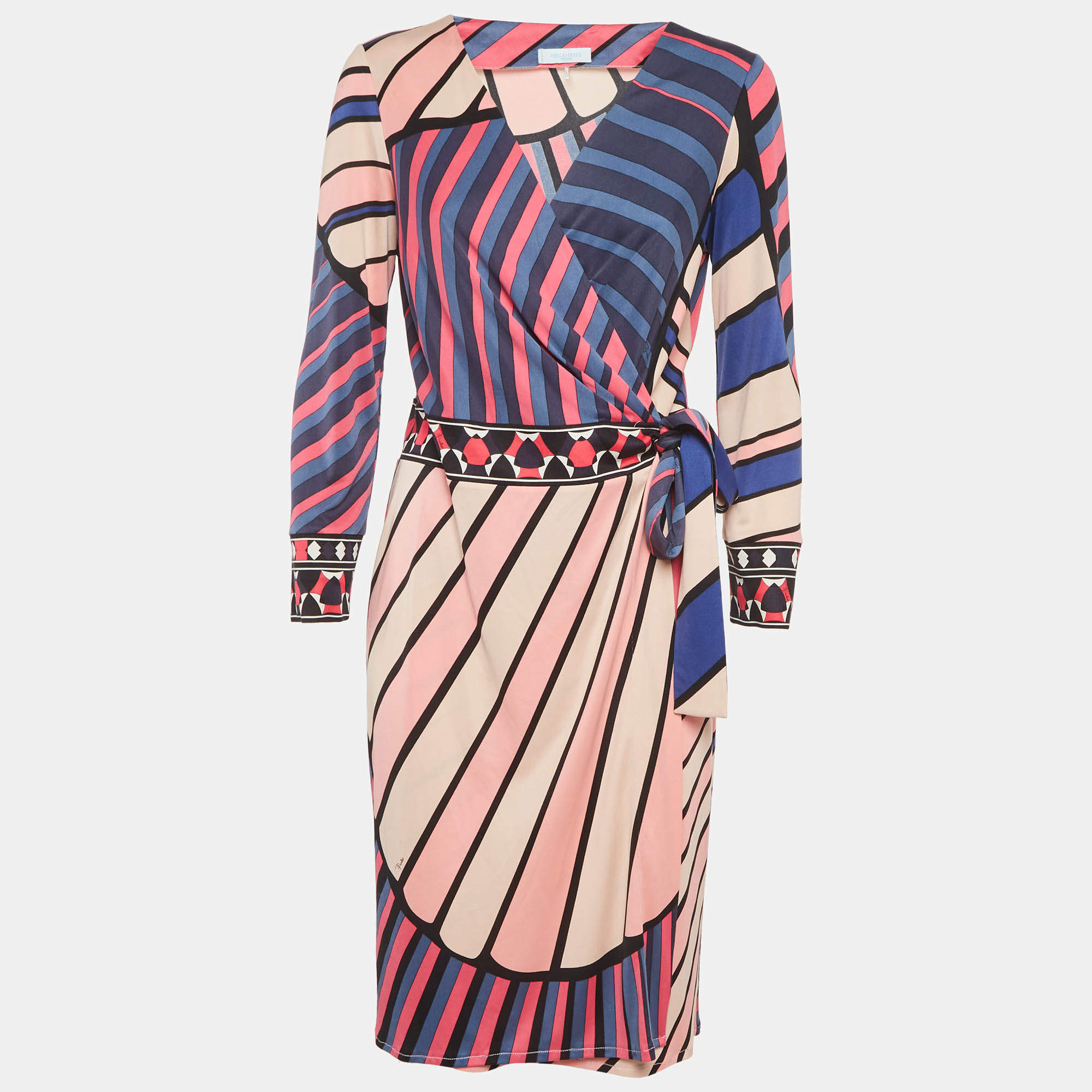مملوكة مسبقًا Emilio Pucci Pink Stripe Print Jersey Midi Wrap Dress L