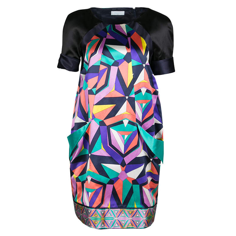 Pre Owned Emilio Pucci Geometric Printed Satin Pocket Detail Shift Dress S
