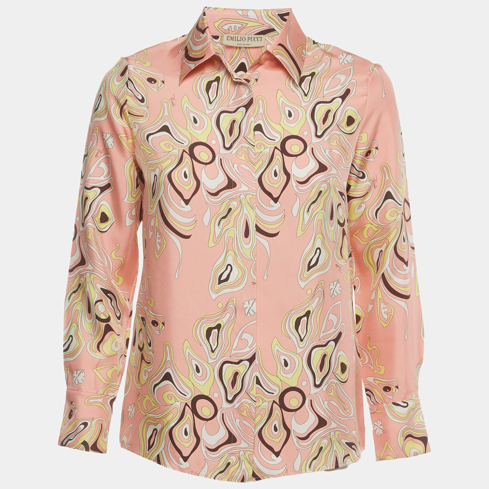 Pre Owned Emilio Pucci Pink Marmo Print Silk Satin Button-Up Blouse S