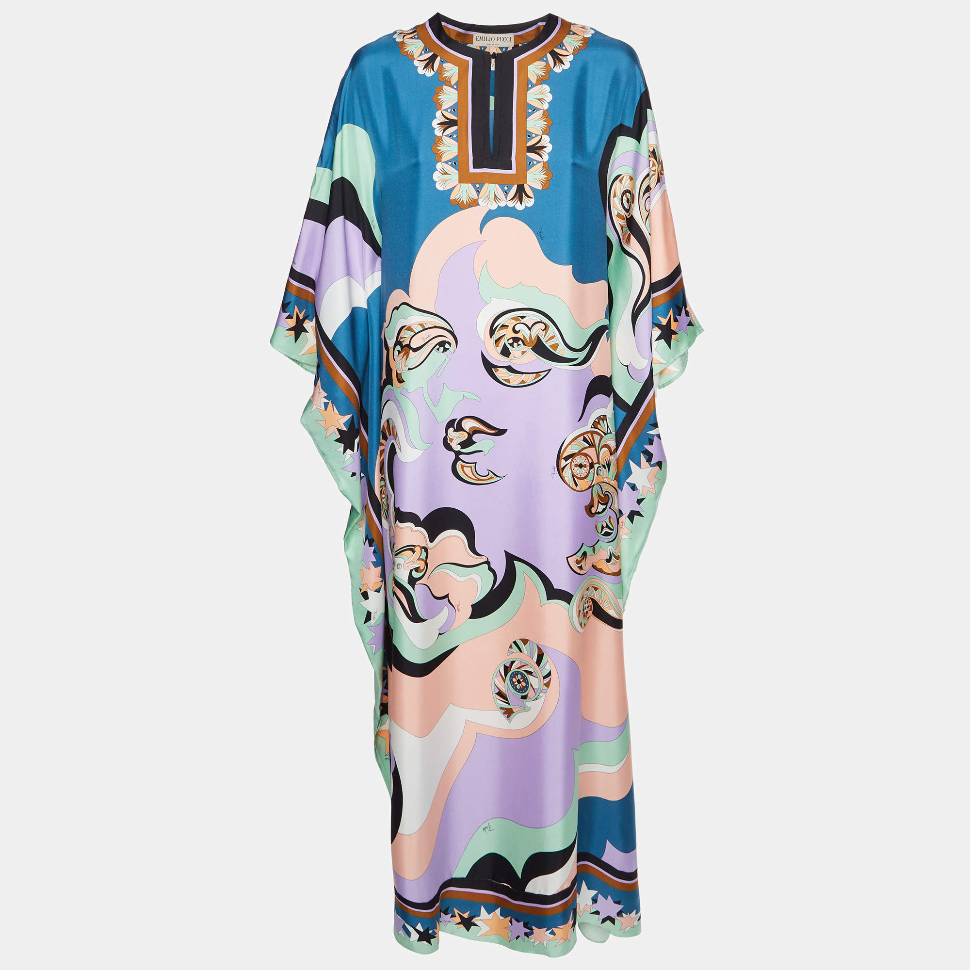 Pre Owned Emilio Pucci Multicolor Abstract Print Satin Kaftan Maxi Dress One Size