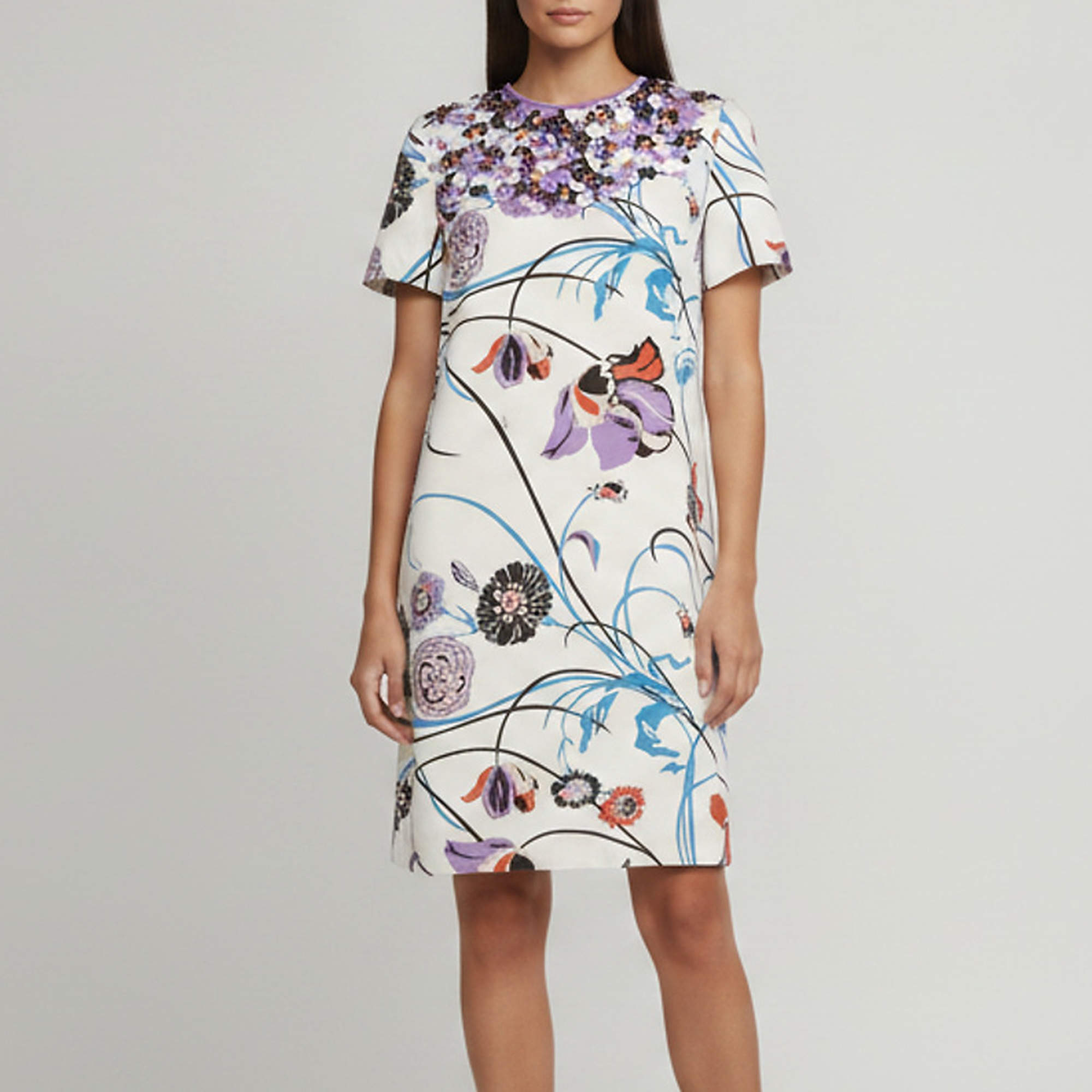 Pre Owned Emilio Pucci White Floral Print Embellished Faille Shift Dress M