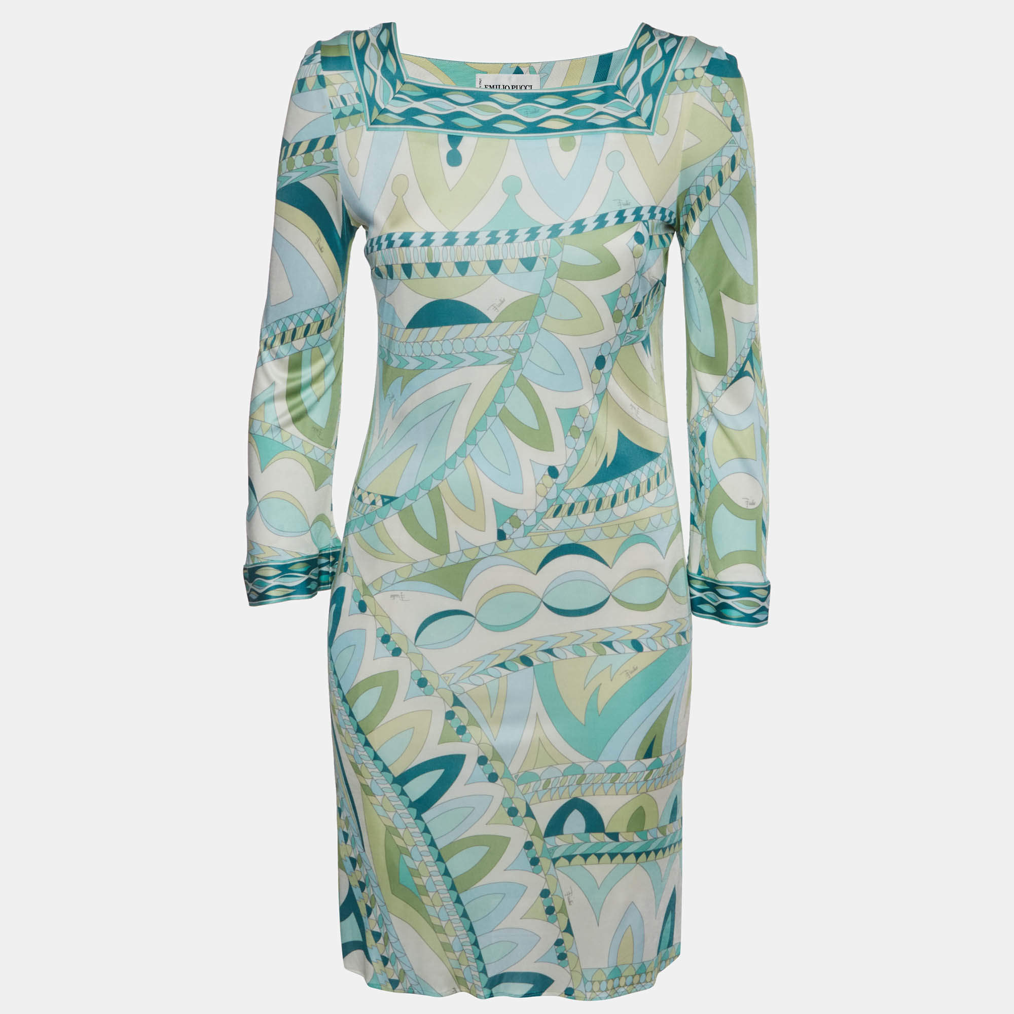 Pre Owned Emilio Pucci Blue/Green Geometric Print Jersey Mini Dress M