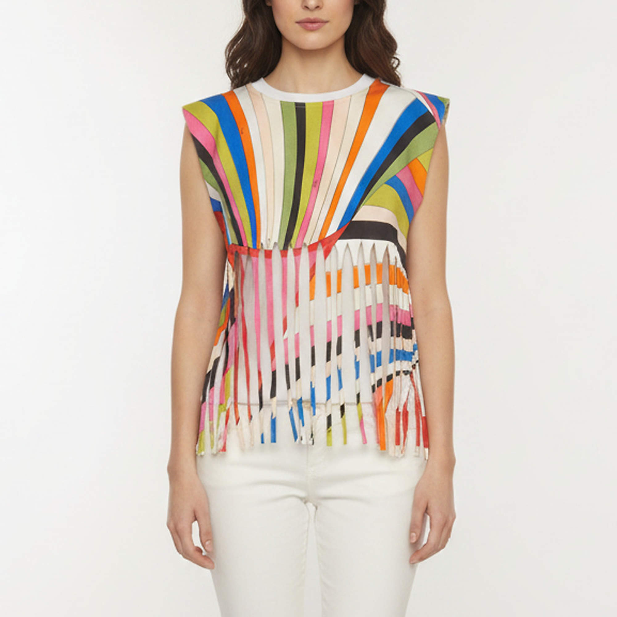 Pre Owned Emilio Pucci Multicolour Iride Print Cotton Jersey Fringe Trimmed Top M