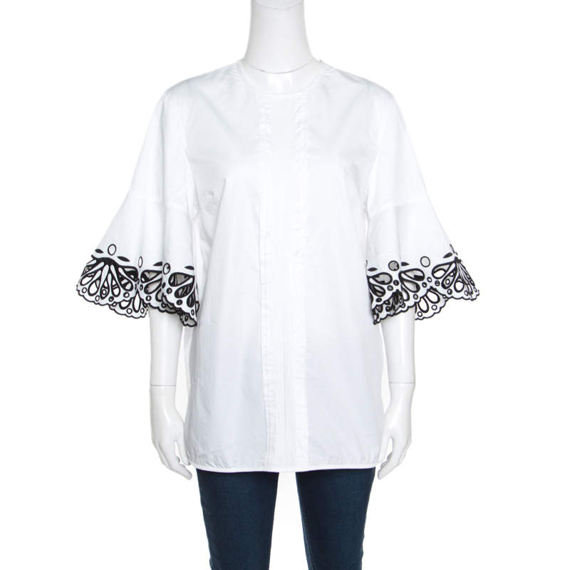 Pre Owned Emilio Pucci White Cotton Sangallo Trim Pintuck Detail Blouse M