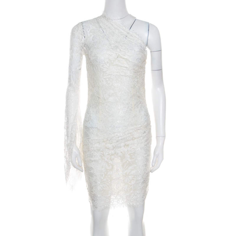 فستان إيميليو بوتشي دانتيل أبيض مورد بحواف مموجة بكشكشة كتف واحد S
