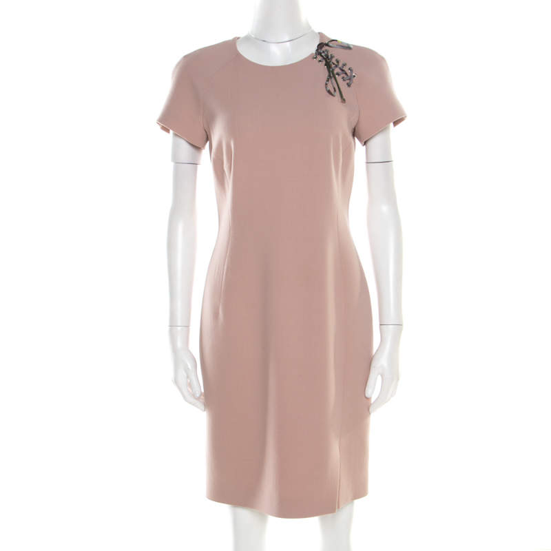Pre Owned Emilio Pucci Blush Pink Wool Contrast Bodice Tie Detail Short Sleeve Dress M