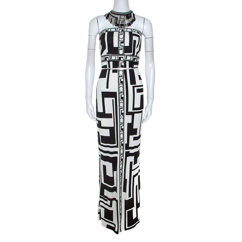 مملوكة مسبقًا Emilio Pucci Monochrome Printed Silk Beaded Collar Dress M