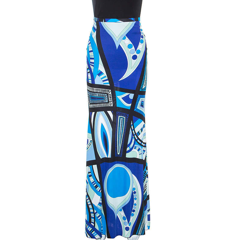 Emilio Pucci Blue Abstract Printed Jersey Flared Maxi Skirt M
