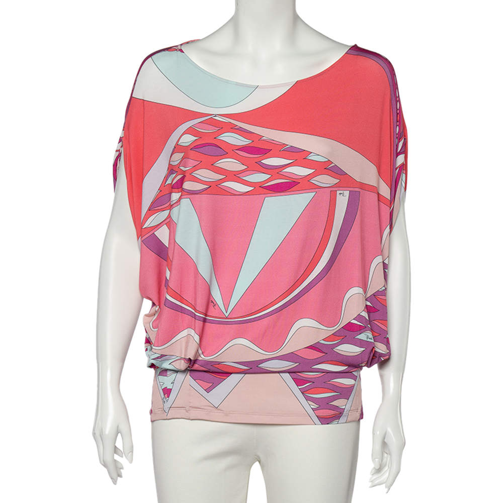 Emilio Pucci Multicolored Abstract Printed Jersey Pleated Detailed Top L 