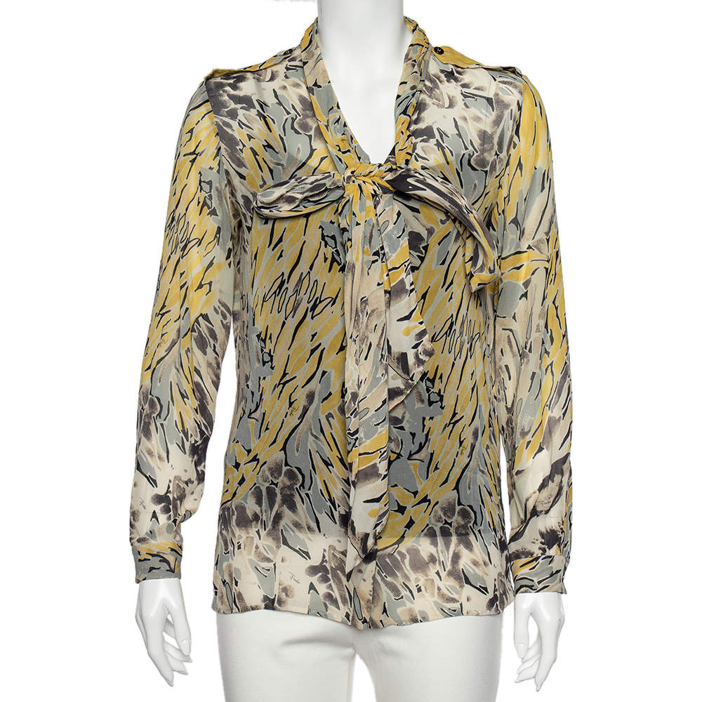 Pre Owned Emilio Pucci Multicolor Printed Silk Neck Tie Detail Shirt M