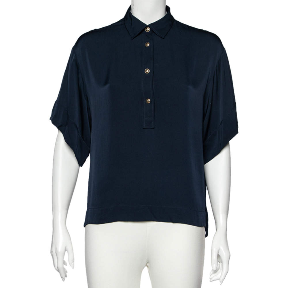 Pre Owned بلوزة إميليو بوتشي ميد نايت حرير أزرق داكن مرن بأكمام قصيرة  مقاس متوسط - ميديوم