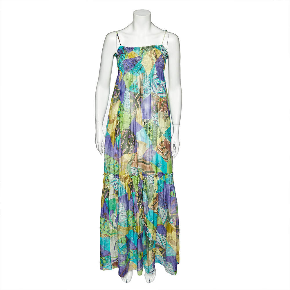 Pre Owned Emilio Pucci Multicolor Printed Cotton And Silk Smocked Maxi Dress M 