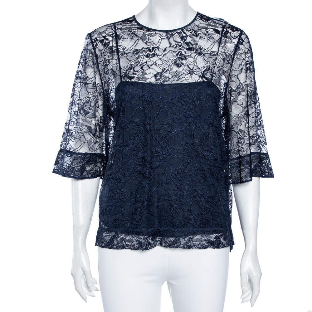 Pre Owned Emilio Pucci Navy Blue Lace Blouse M
