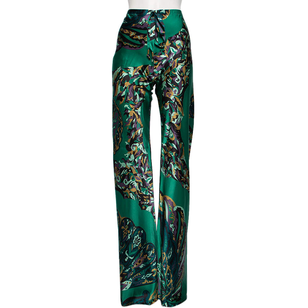 Pre Owned Emilio Pucci Green Printed Stretch Silk Flared Trousers M