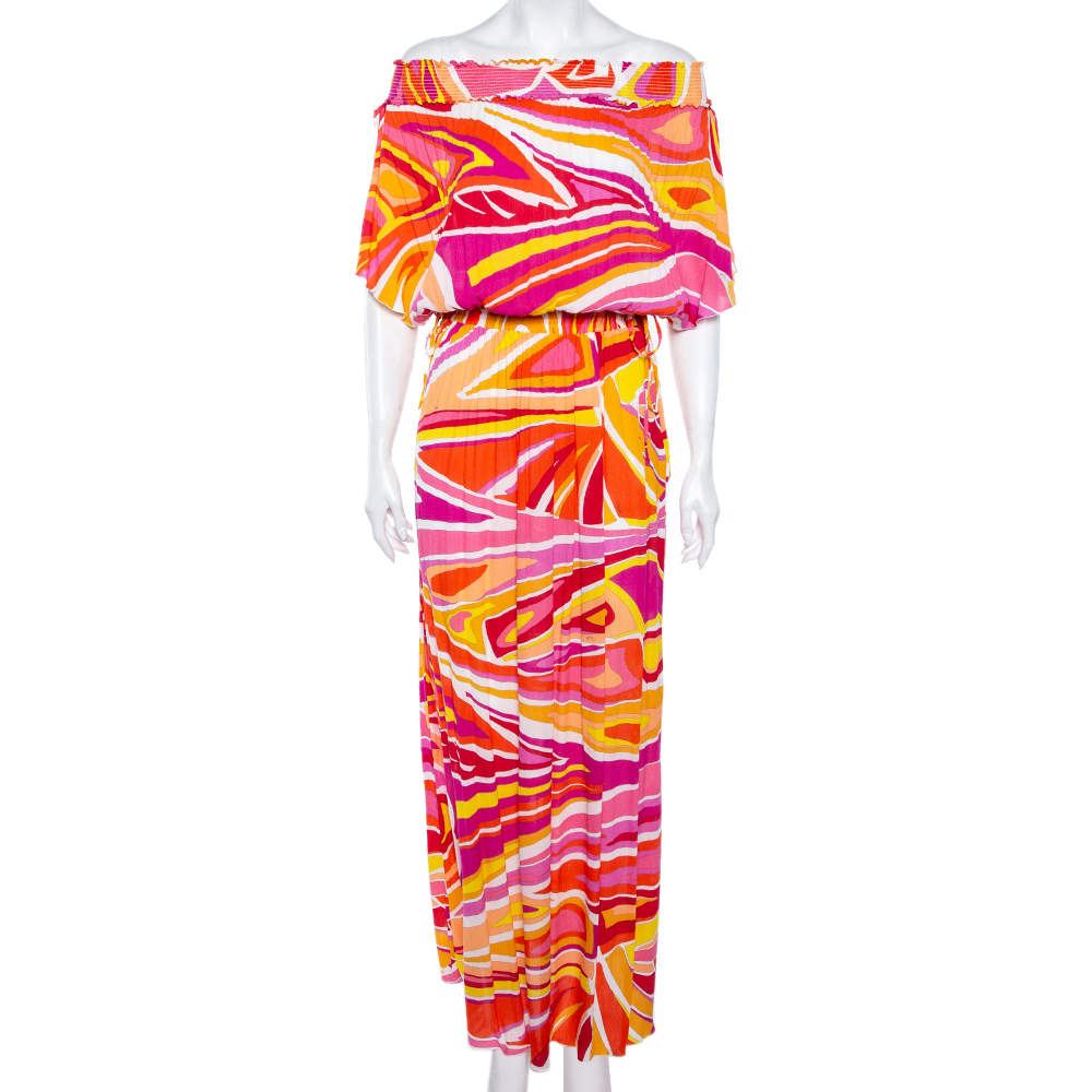 مملوكة مسبقًا فستان ماكسي إيميليو بوتشي كريب مطبوع متعدد الألوان بكشكشة مقاس متوسط - ميديوم