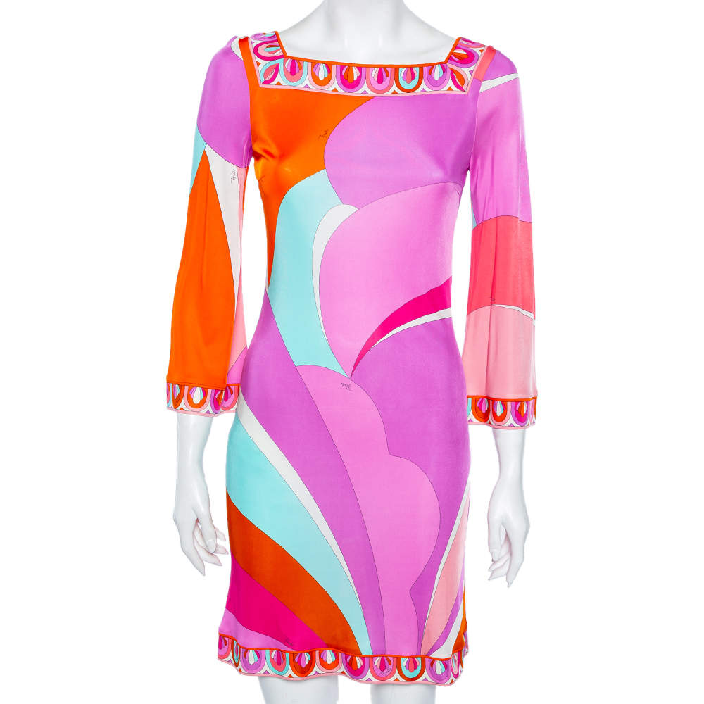 Pre Owned Emilio Pucci Multicolored Jersey Flared Sleeve Detailed Short Dress S
