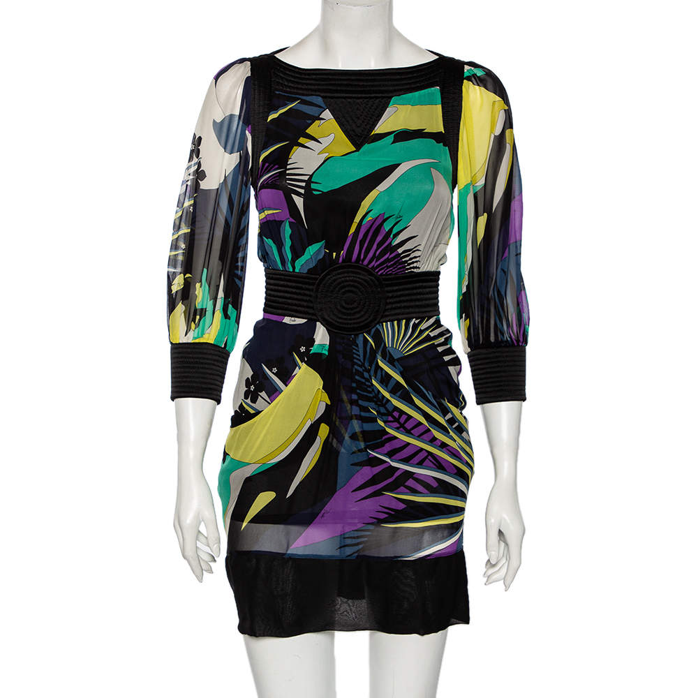 مملوكة مسبقًا Emilio Pucci Multicolor Printed Silk Quilted Detail Mini Dress S